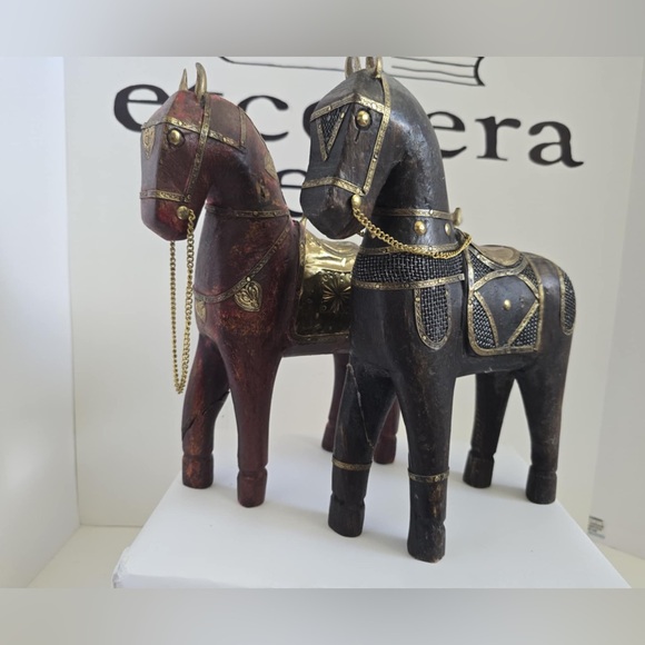 Other - Hand Carved Wooden Horse Brass & Copper Accents Statue Figurines Set Of 2